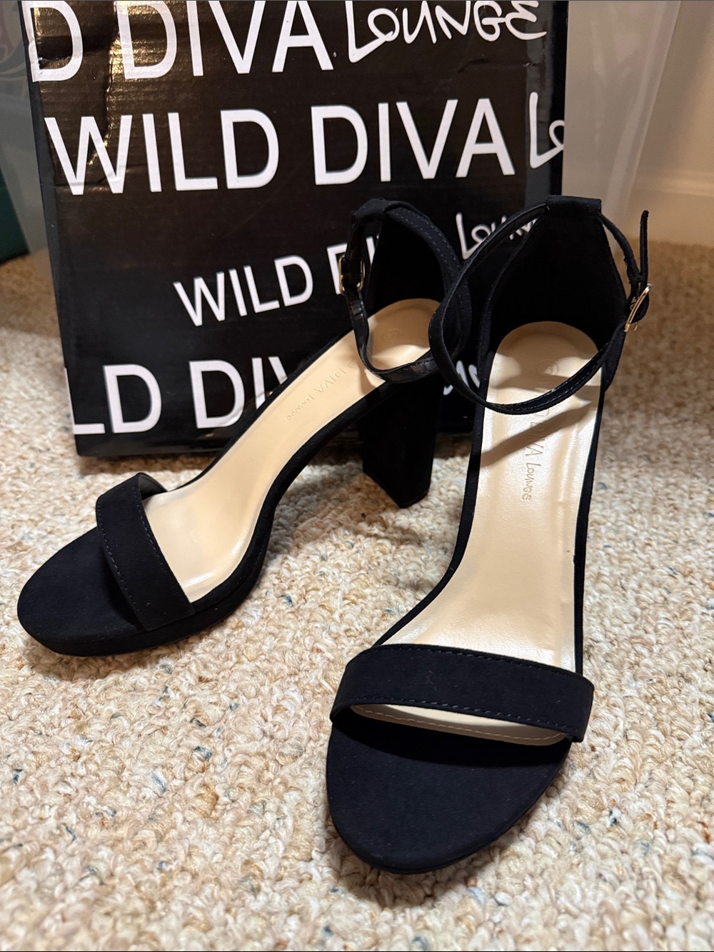 DIVA Lounge Black Open-Toe Ankle-Strap Block Heels